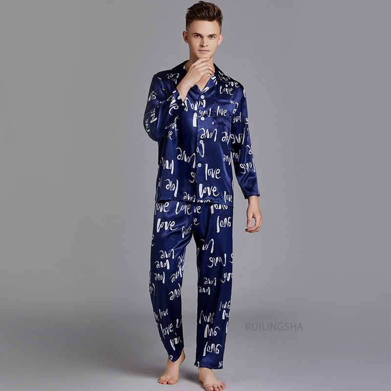 Spring Summer Men Ice Silk Pajama Sets Plus Size Turn-Down Collar Pijamas Dragon Print 2 Pieces Suit Fasinon Male Homewear