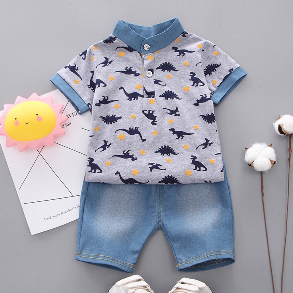 Baby Boy Clothing Sets Summer Toddler Boys Short Sleeve Crown Pattern Shirt Tops+ Denim Pants Kids Clothes Set Newborn Outfits