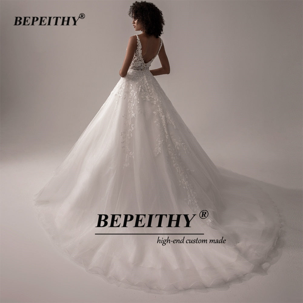 BEPEITHY Vestido De Noiva V Neck Sleeveless Wedding Dresses 2021 For Women Open Back Ball Gown Lace Organza Bridal Gown New