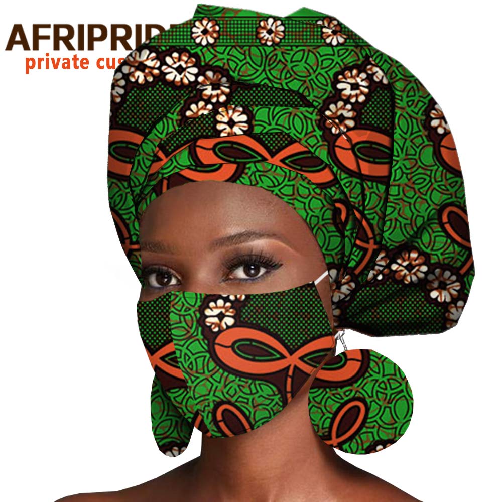African Headwrap Earrings Hair Accessories Scarf Bonnet Ankara Wax Fabric Head Turban African Headscarf Mask Match Print A20H004