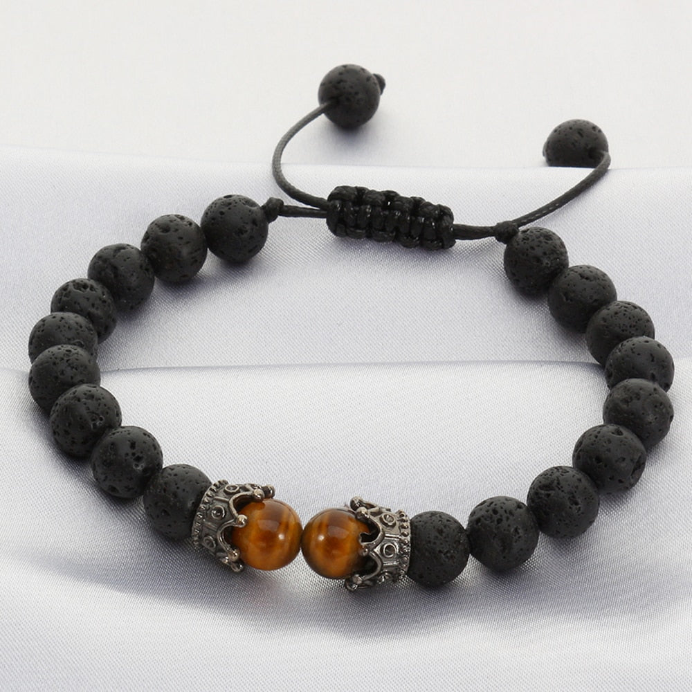 Black Lava Stone Crown Charm Tiger Eye Beads Bracelet For Men Women Braided Bracelets Handmade Adjustable Jewelry Pulseira