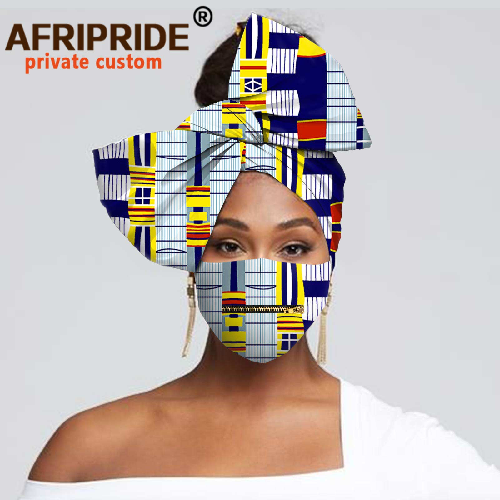 African Headscarf for Women Headwear Floral Turban Head Scarf Head Wrap Hair Accessories Match Print Mask with Zipper A20H016