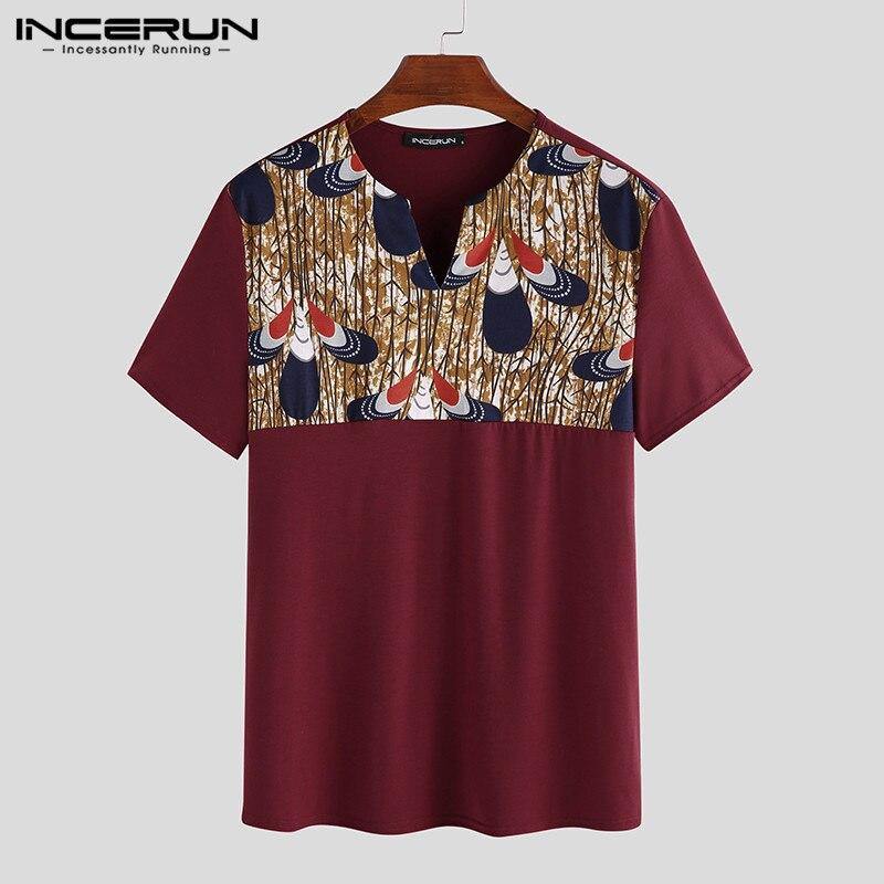 INCERUN Fashion Men Casual T Shirt Short Sleeve Print Patchwork V Neck 2020 African Dashiki Tops Summer T-shirts Men Clothes 5XL - Surprise store