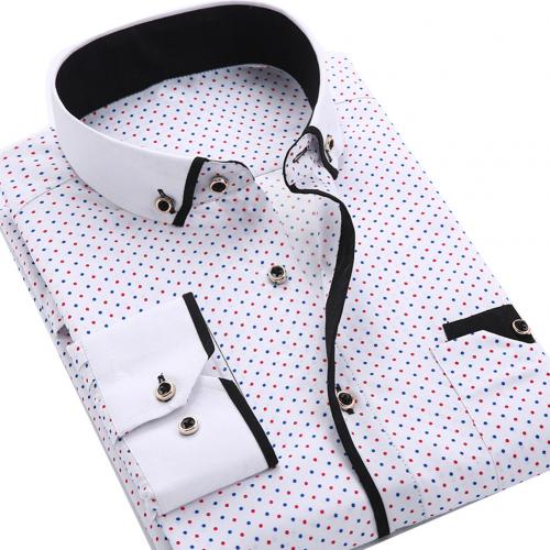 Business Mens Dot Plaid Print Turndown Collar Long Sleeve Button Shirt Blouse Tops Fashion Casual shirt Male Social Dress Shirts