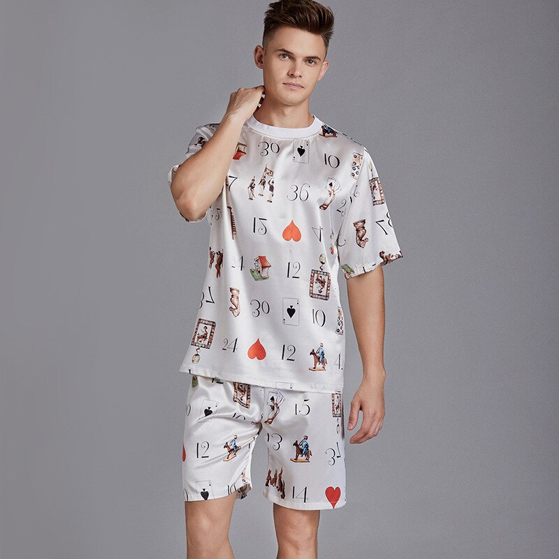 Summer Men Pyjama Set Print Satin Men Pajama Suit Short Sleeve Shorts Silk Pajama Man Sleepwear Spring Pajama Male Nightgown XXL