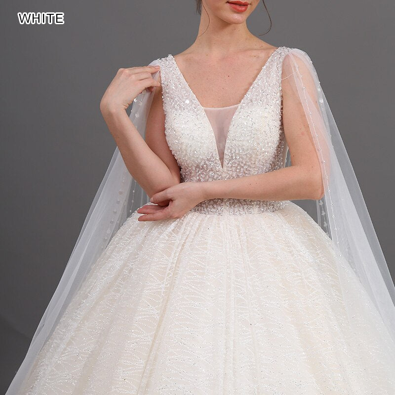 INOE Women Luxury Long Wedding Dress Sequins Fashion Rhinestone Ball Gown Floor Length Tulle Organza Watteau White Party Dress