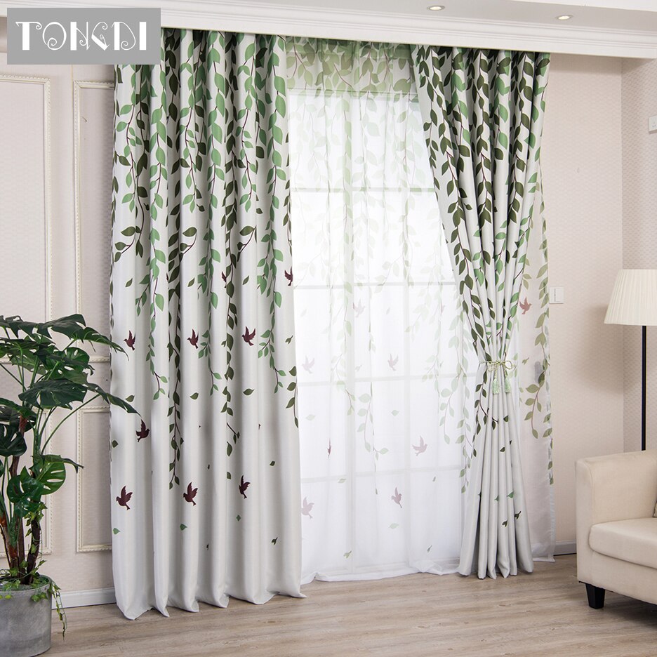 TONGDI Blackout Curtains Elegant Willow Leaves Printing High-grade Decoration For Window Spring Home Parlou Bedroom LivingRoom