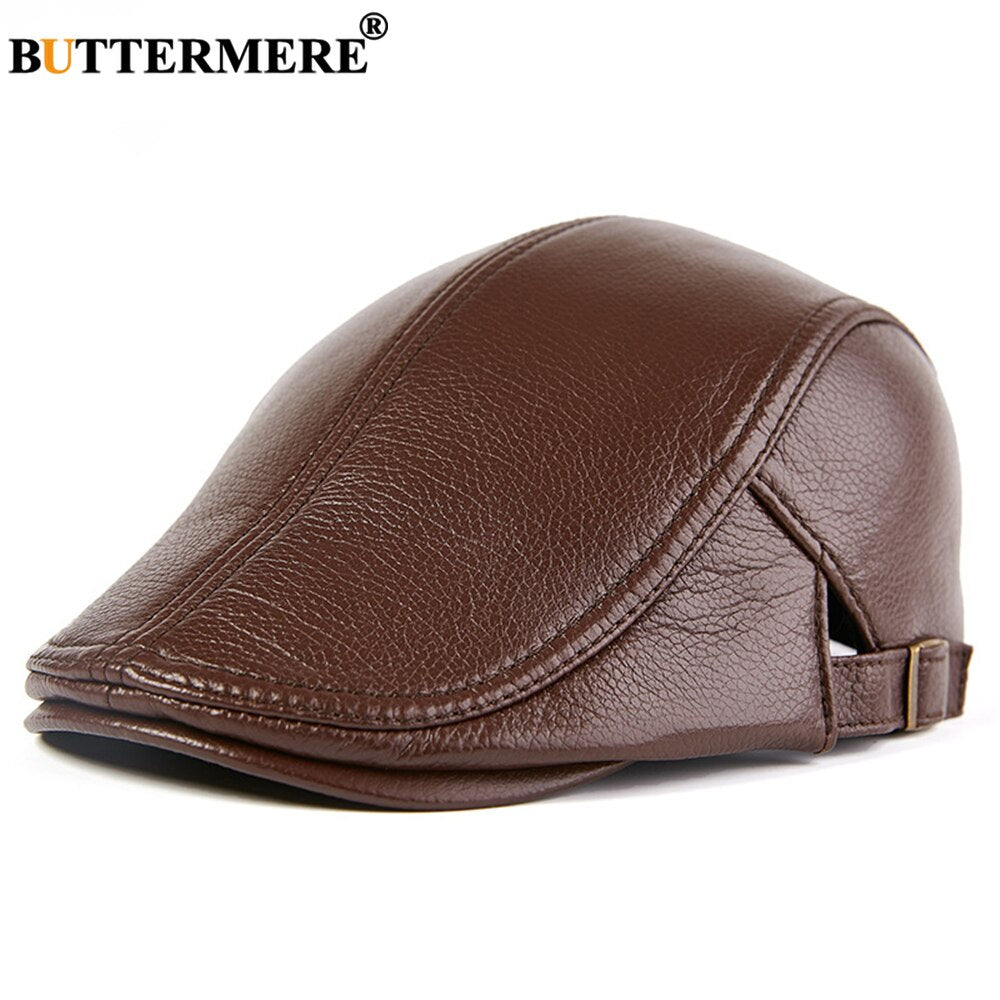BUTTERMERE Men Beret Hat Real Leather Flat Cap Sheepskin Autumn Winter Male Brown