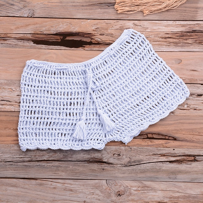 Crochet Hollow Out Tassel Beach Cover Up Sexy Women Mini Tops Beachwear Bikini Swimwear Bathing Suit Cover Up