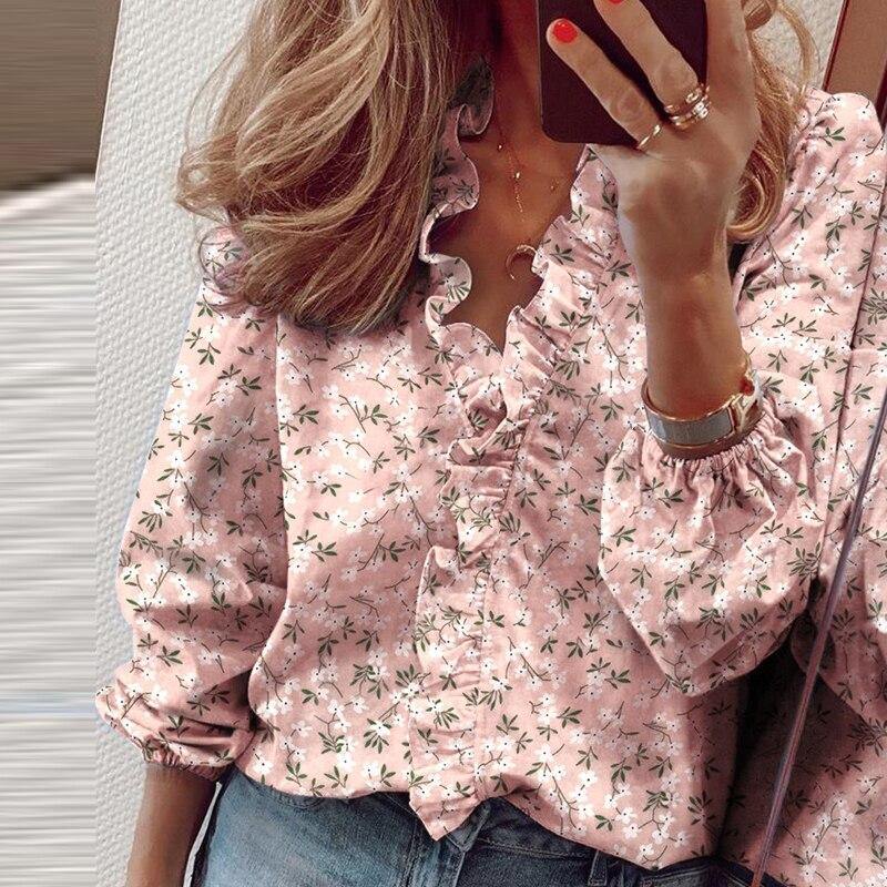 3XL Summer Short Sleeve Printed Blouse Shirt Women Sexy Ruffle V-Neck Shirts Pullover Elegant Office Lady Blusa Tops Streetwear - Surprise store
