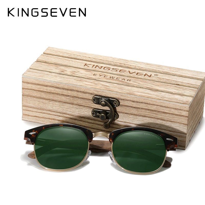 KINGSEVEN Retro Fashion Style Handmade Black Walnut Wooden Sunglasses Men Women 100%Polarized UV400 Lens Semi-Rimless Eyewear