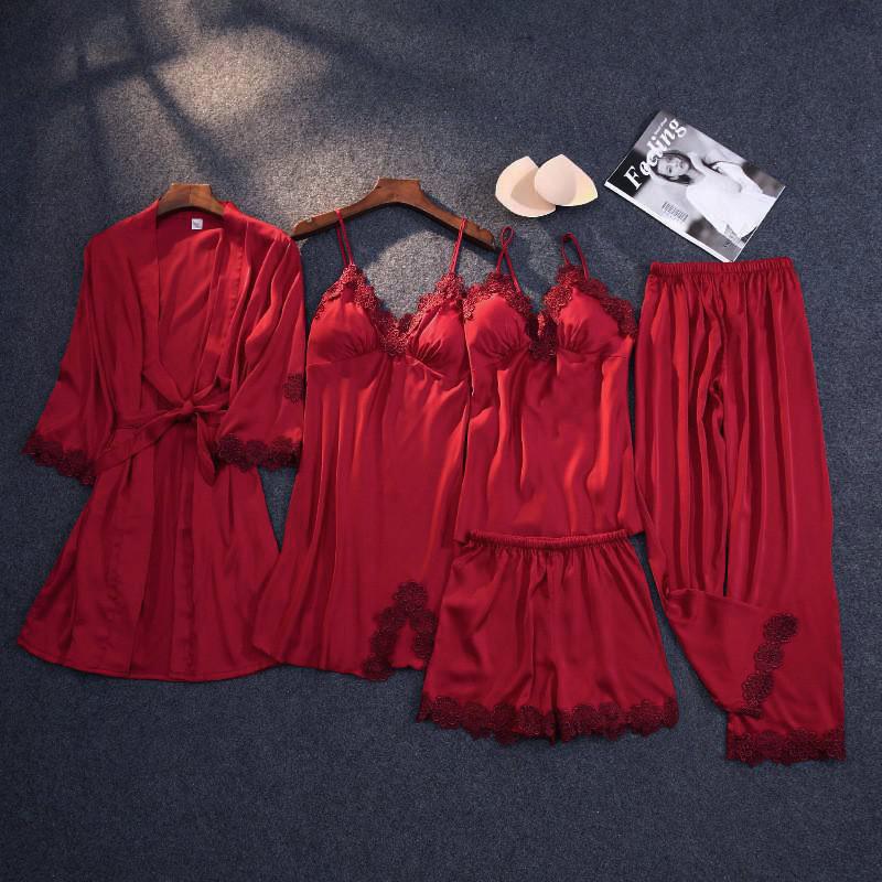 Print Pajamas Set Silky Women 5 Piece Sleepwear Satin Lace Sleep Pyjama Lounge with Belt Chest Pads Sexy Strap Home Nightwear