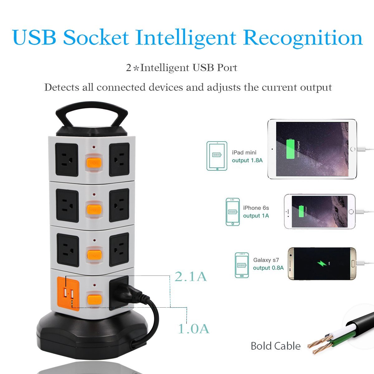 Tower Power Strip Vertical Extender Outlets Surge Protector 2500W 10A Socket with USB 2m/6.5ft Extension Cord for Home Office