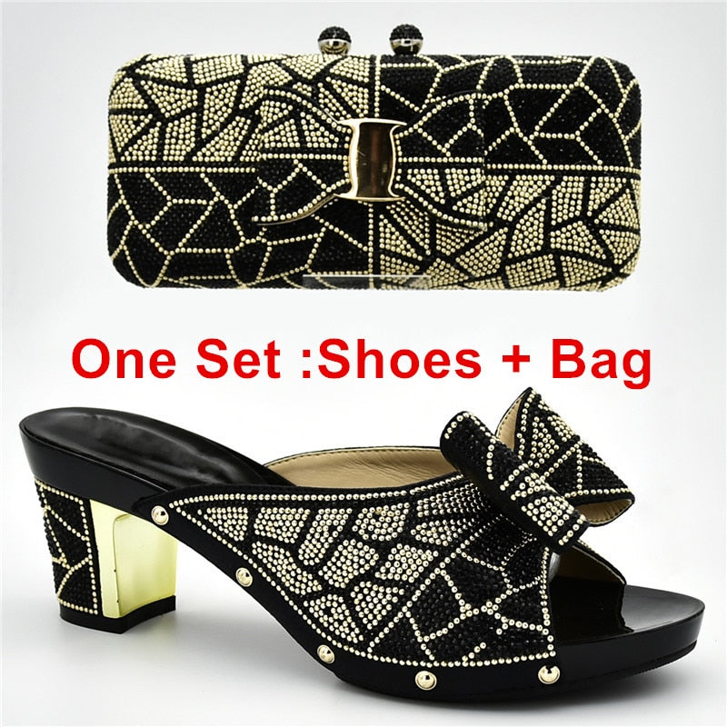 New Arrival Italian Shoes with Matching Bags for Wedding Italy Nigerian Women Wedding Shoe and Bag Set Decorated with Rhinestone