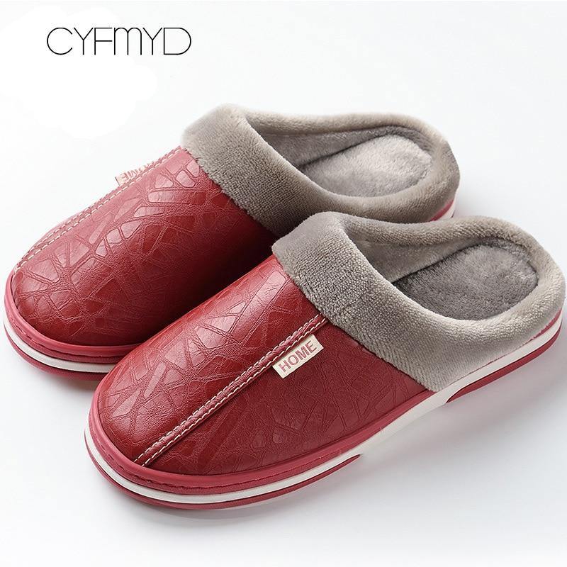 Men's slippers Home Winter Indoor Warm Shoes Thick Bottom Plush Waterproof Leather House slippers man Cotton shoes 2020 New - Surprise store