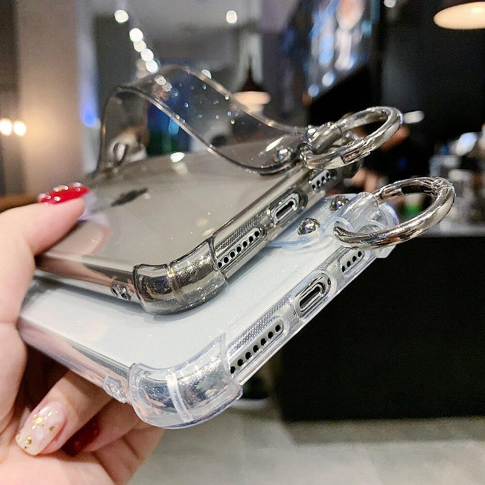 Glitter Powder Holder Phone Cases For iPhone 11 Pro Max X XR XS Max 6 6S 7 8 Plus SE 2020 SE2 Transparent Wrist Strap Back Cover - Surprise store