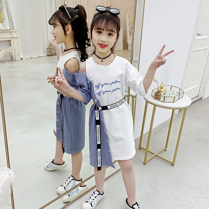 Girls Dress Summer 2021 New Girls Wear Korea Fashion Summer Style Shoulder Dress Tide Asymmetrical Dress Girls 2 To 12 Years