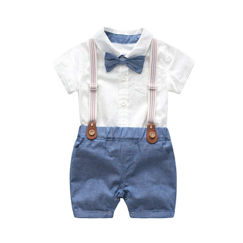 Baby Boy Clothes Summer Gentleman Birthday Suits Newborn Party Dress Soft Cotton Solid Rmper + Belt Pants Infant Toddler Set