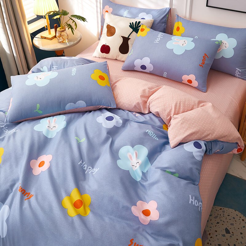 4pcs Nordic Bedding Set , Duvet Cover + Pillow Case + Bed Sheet Home Textiles Bed Sheets Set Washed Cotton A/B side Qulit Sheet