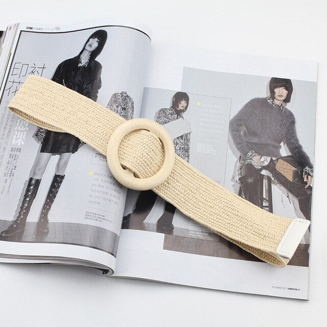 Round Wooden Buckle Dress Belt For Women Casual Female Braided Wide Strap Female Designer Woven Girls Elastic PP Straw Belts 111