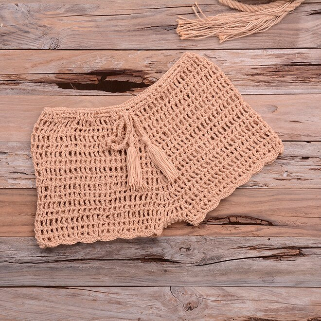 Crochet Hollow Out Tassel Beach Cover Up Sexy Women Mini Tops Beachwear Bikini Swimwear Bathing Suit Cover Up
