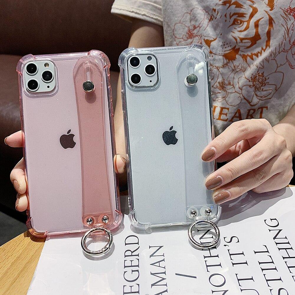 Glitter Powder Holder Phone Cases For iPhone 11 Pro Max X XR XS Max 6 6S 7 8 Plus SE 2020 SE2 Transparent Wrist Strap Back Cover - Surprise store