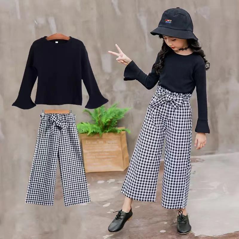 2020 Kids Girls Clothes Sets Long Sleeve T-shirts + Plaid Wide Leg Pants Autumn Children's Clothing Teenage for 7 8 10 12 Years