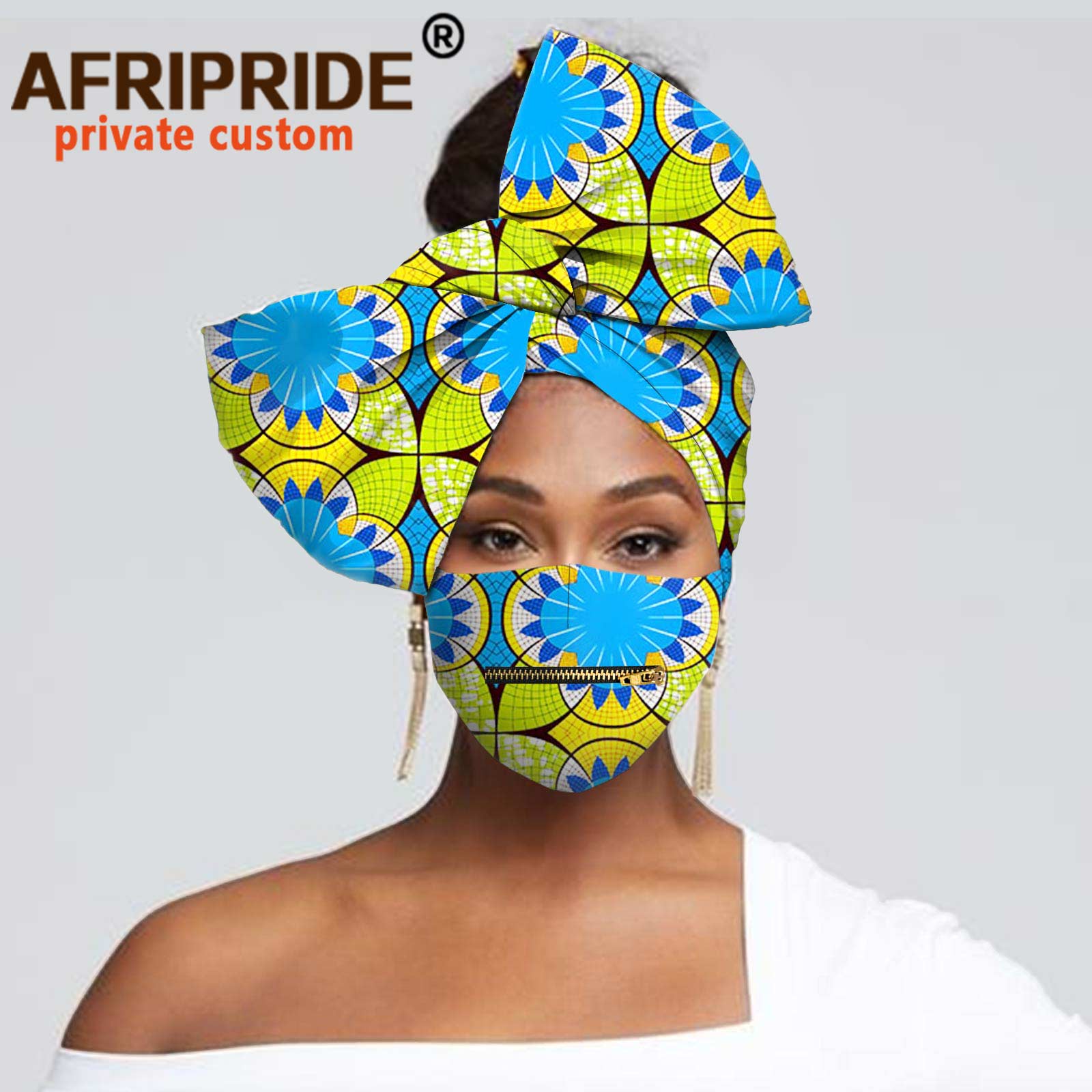 African Headscarf for Women Headwear Floral Turban Head Scarf Head Wrap Hair Accessories Match Print Mask with Zipper A20H016