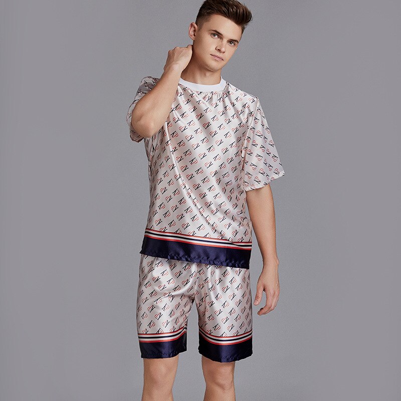 Summer Men Pyjama Set Print Satin Men Pajama Suit Short Sleeve Shorts Silk Pajama Man Sleepwear Spring Pajama Male Nightgown XXL