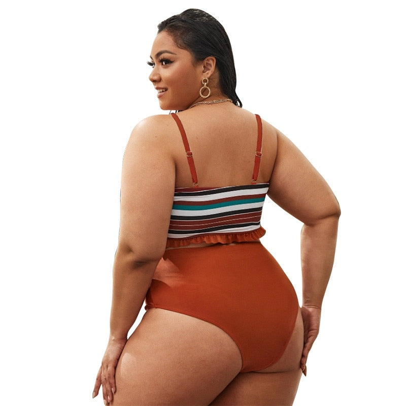 Women Plus Size 3XL 4XL Swimming Suit Summer Striped Print Bandeau Bikini Top High Waist Swimwear Bottom Large Beachwear Biquini