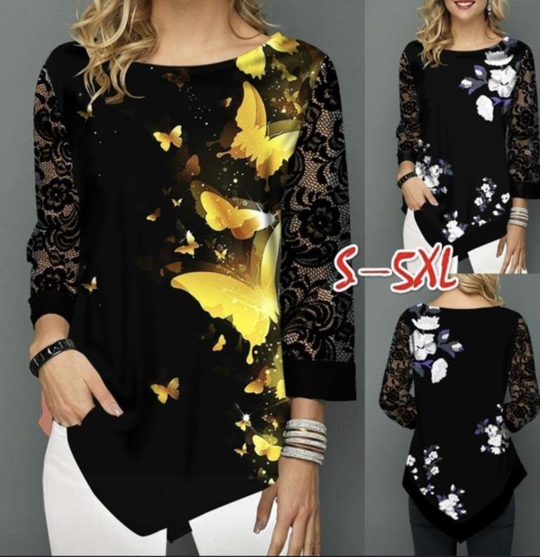 Shirt Blouse Women Plus size 5XL Fashion New Spring Summer print Black Tops 3/4 Lace Sleeve Elasticity Female Shirt Casua - Surprise store