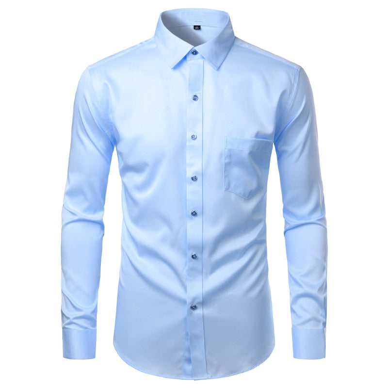 Mens White Bamboo Fiber Dress Shirts Slim Fit Wrinkle Free Casual Shirt Chemise Non Iron Easy Care Elastic Wedding Working Shirt