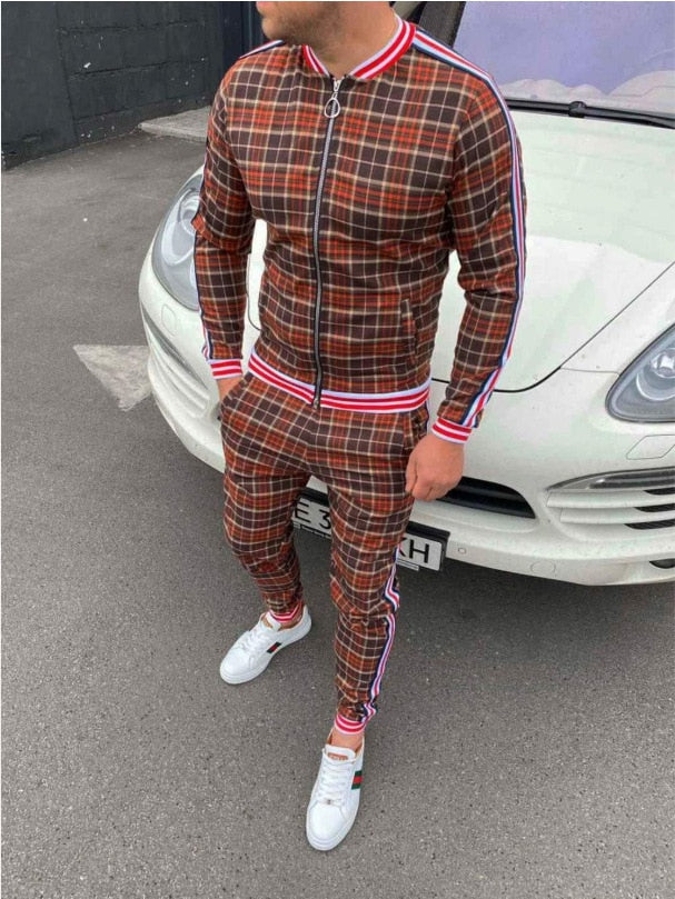 Muscle brothers 2021 new 3D printing retro men's leisure sports men's suit Plaid stripe coat Long pants men's suit