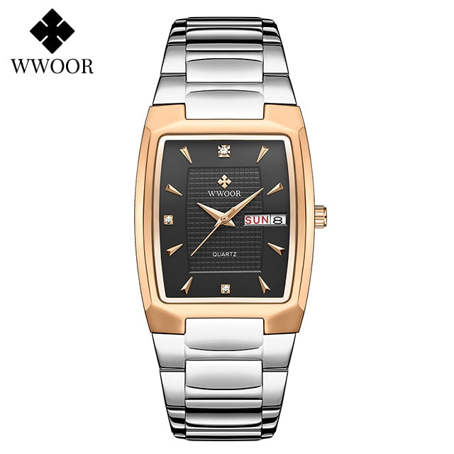 2021 WWOOR Luxury Gold Full Steel Watches Mens Square Quartz WristWatch For Men Sport Waterproof Week and Date Relogio Masculino