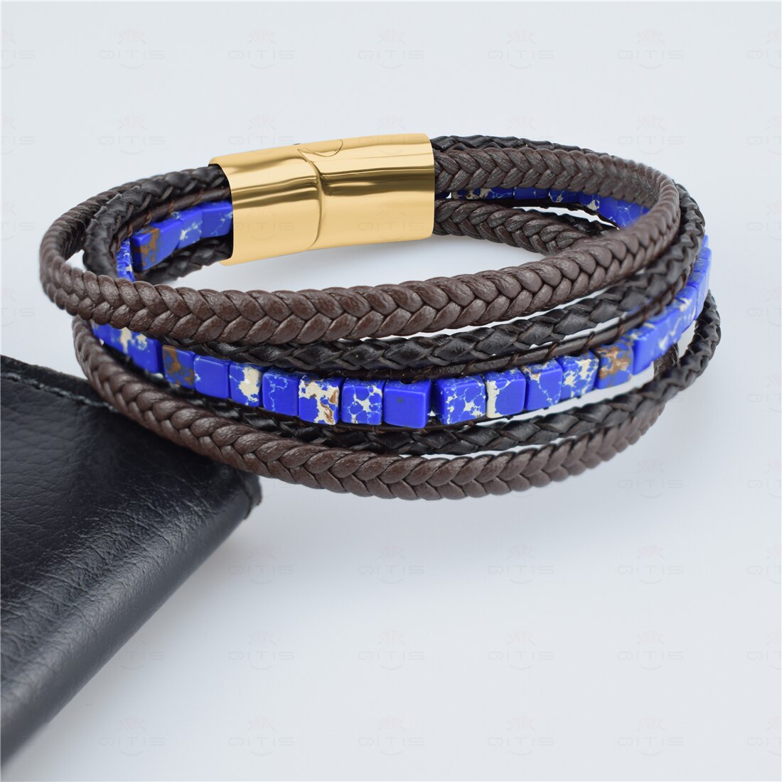 Multilayer Bracelet Natural Stone Genuine Leather Braided Wrap Bangle Stainless Steel Magnetic Clasp Bracelet Men Jewelry