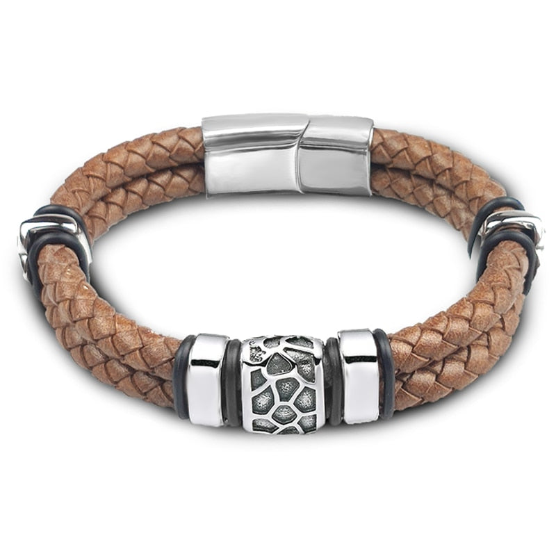 MingAo Punk316l Stainless Steel Irregularly Cracked Bead Bracelet Genuine Braided Leather Male Bracelets & Bangles Men's Jewelry