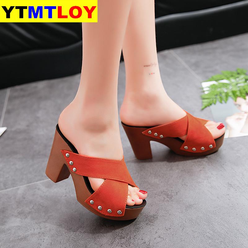 Summer Women Sandals Square High Heel Platform Flock Casual Rivet Pumps Peep Toe Female Elegant Ladies Shoes Zapatos De Mujer