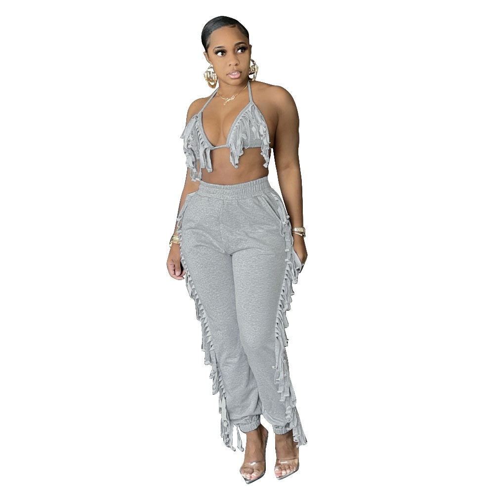 2021 Summer Women Two Piece Fashion Sexy Halter Top High Waist Fringed Stretch Pants Trousers Casual Party Club Clothing Women