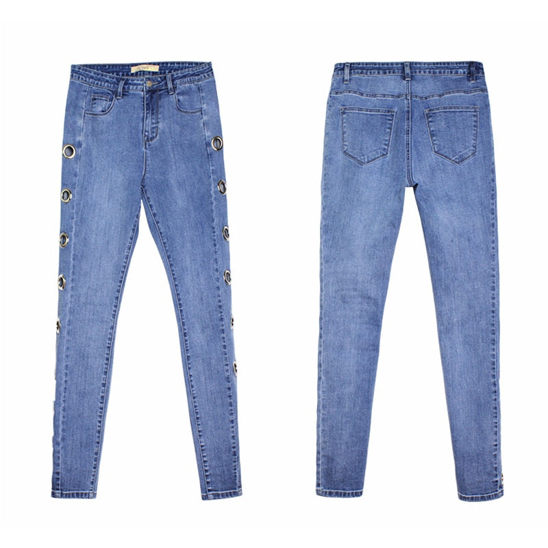 Side Eyelets High Waist Jeans Hollow Out Boyfriend Jeans For Women Skinny High Street Jeans Blue Black Denim Pencil Pants
