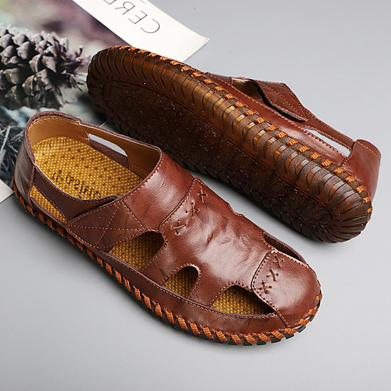 Sandals Shoes For Men's Big Foot Slippers Summer Breathable Genuine Leather deadlift Casual Driving Beach Dad Outdoor soft soled
