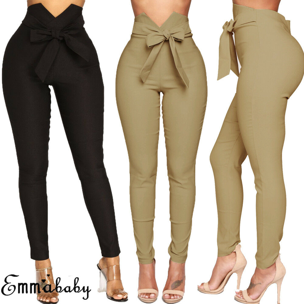 Hirigin Women Casual High Waist Waist Bow Tie Long Slim Skinny Stretch Solid Pants Sashes Pencil Trousers