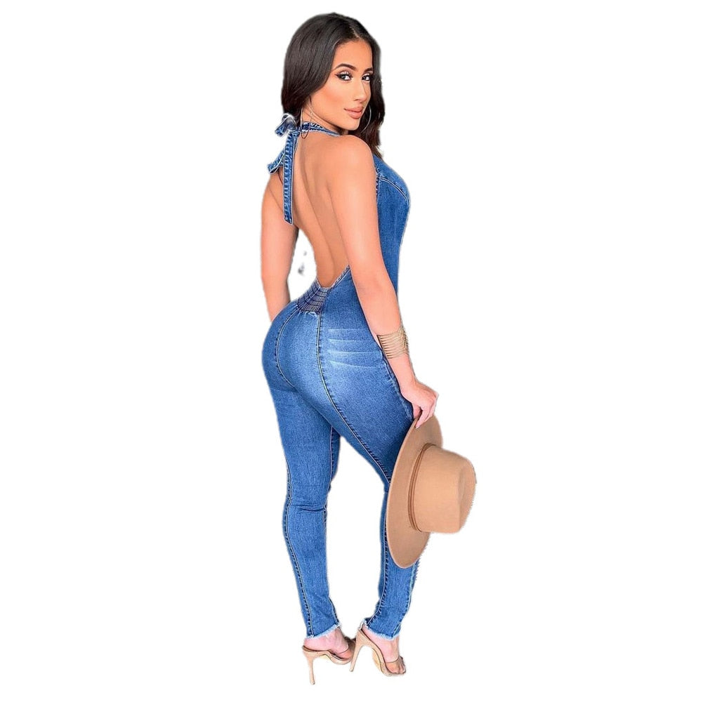 Backless Jeans Rompers Sexy Women Halter Bodycon Blue Denim Pencil Jumpsuit Overalls