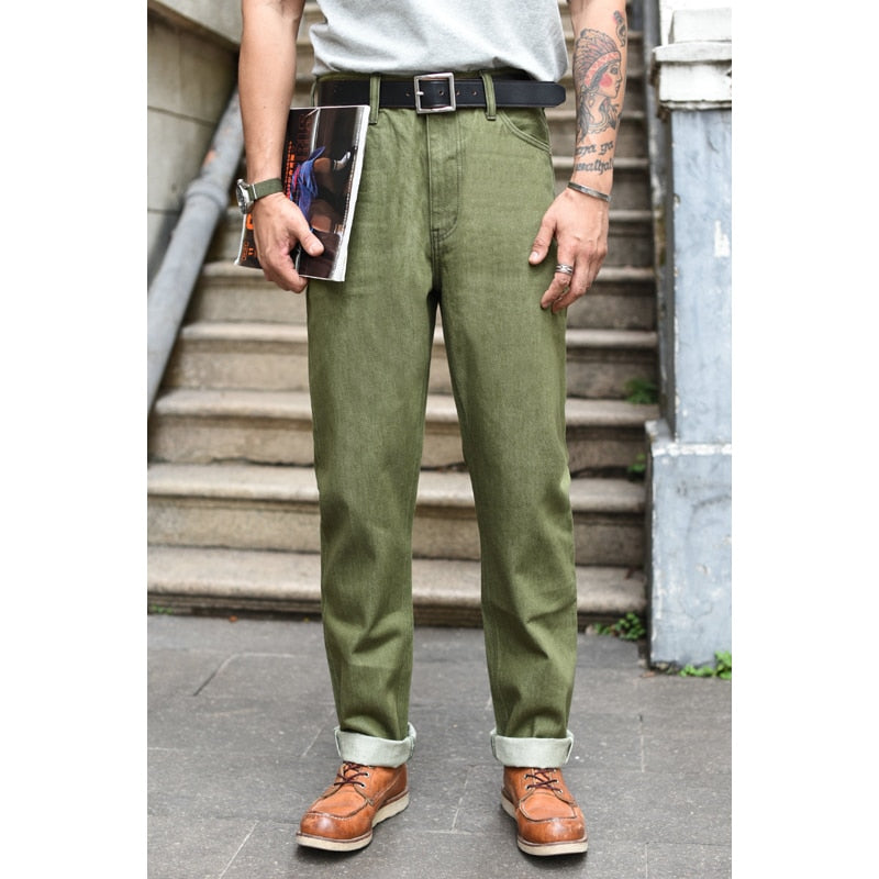 Saucezhan Men Jeans Vulcanization Olive Green 107 Selvedge Denim Jeans Men washed Slim Fit 14 Oz Zipper Fly