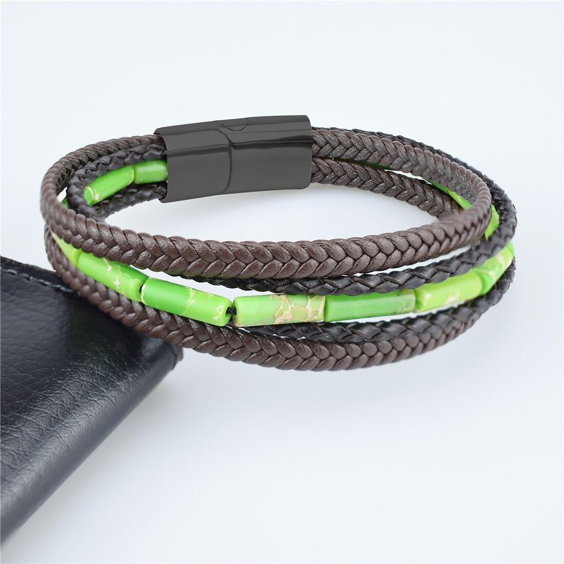 Multilayer Bracelet Natural Stone Genuine Leather Braided Wrap Bangle Stainless Steel Magnetic Clasp Bracelet Men Jewelry