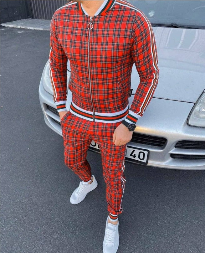 Muscle brothers 2021 new 3D printing retro men's leisure sports men's suit Plaid stripe coat Long pants men's suit