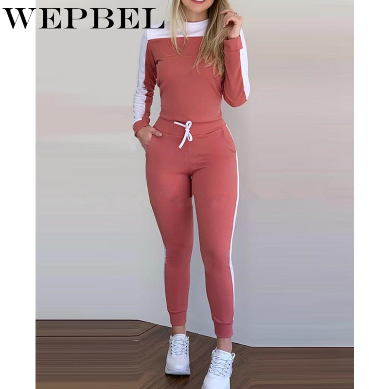 WEPBEL Patchwork Women Set Autumn Long Sleeve Hoodie + Pant Set Skinny Streetwear Tracksuit Drawstring Jogging + Sweatshirt Set