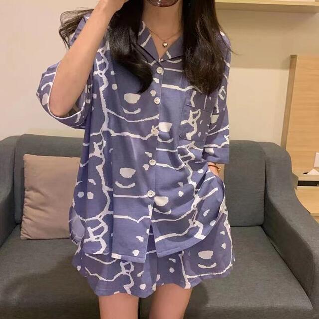 Summer Girl Sweet And Cute V-Neck Short-Sleeved Shorts Thin Suit Comfortable Silk Women's Home Service 2Piece Set Female Pajamas