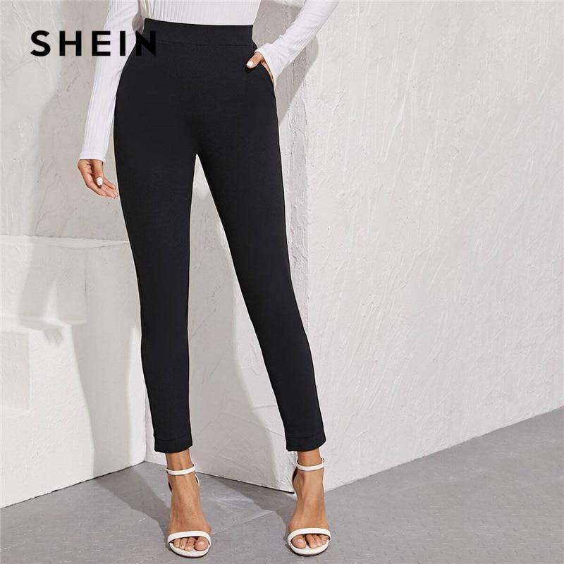 SHEIN Solid Elastic Waist Pocket Side Split Hem Elegant Pants Women Bottoms Autumn High Waist Office Ladies Skinny Trousers - Surprise store
