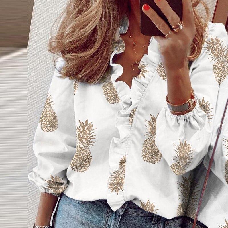 3XL Summer Short Sleeve Printed Blouse Shirt Women Sexy Ruffle V-Neck Shirts Pullover Elegant Office Lady Blusa Tops Streetwear - Surprise store