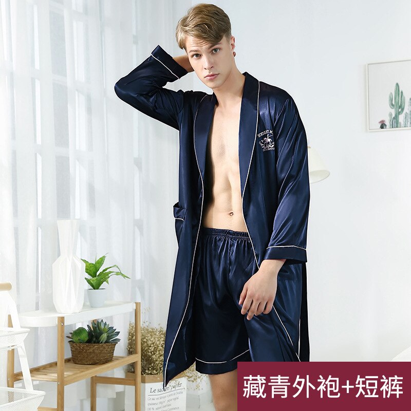 Men Plus Size Short Long Pants Bathrobe Soft Ice Silk Cool Pajamas Set Two Pieces Turn-Down Neck Long Sleeves Night Sleepwear